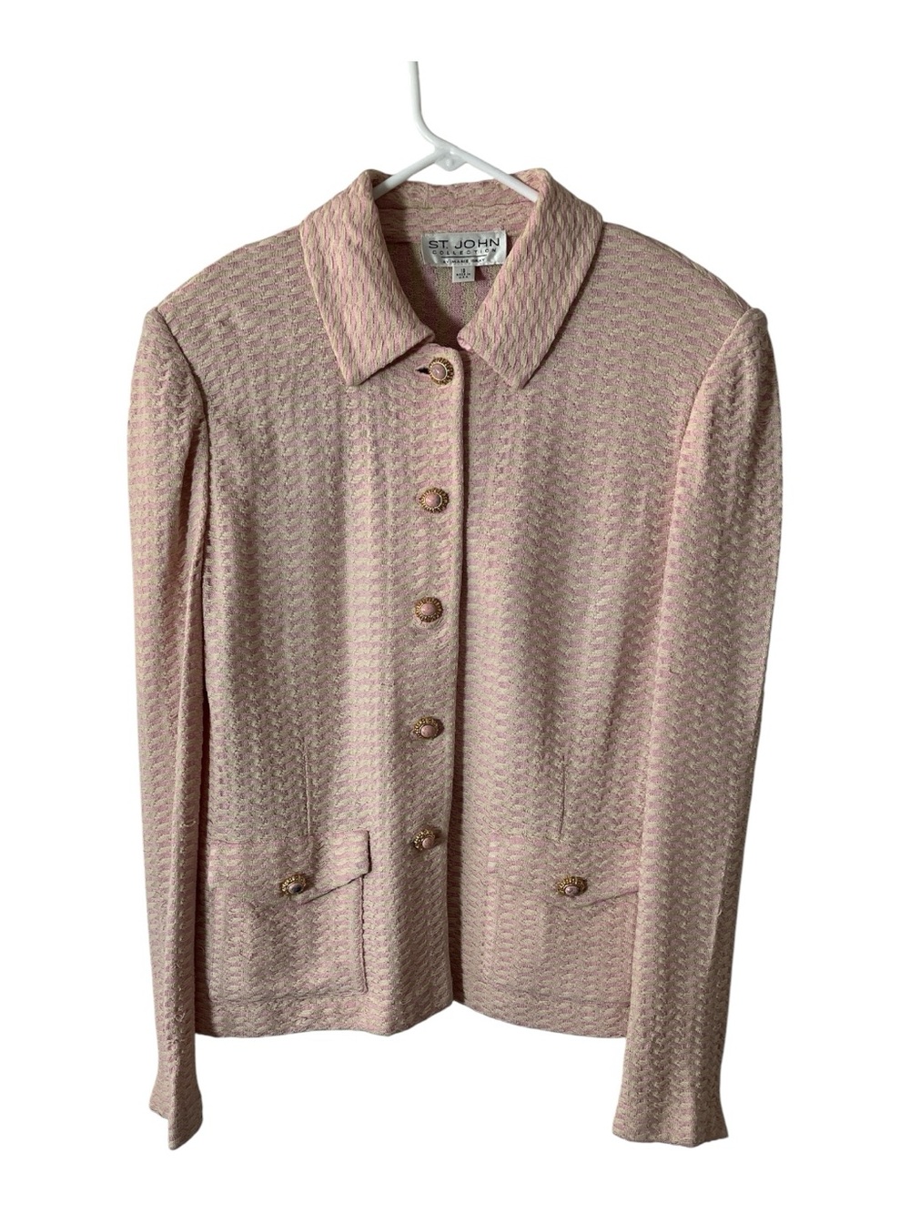 St. John Pale Pink Textured Knit Button Jacket Sz 16
